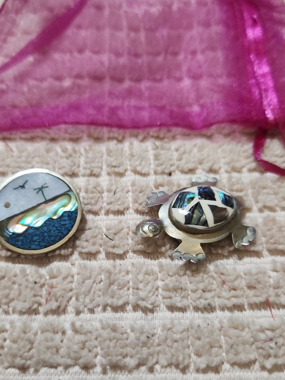 Vintage Abalone Shell Turtle & Ocean Stud Pins Silver Tone, Blue Accent - Picture 4 of 4